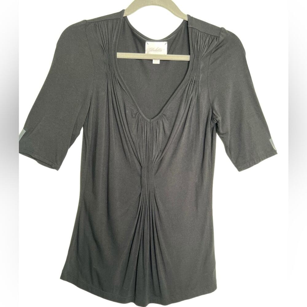 Anthropologie Deletta Black V Neck Ruched Black Top Size Small